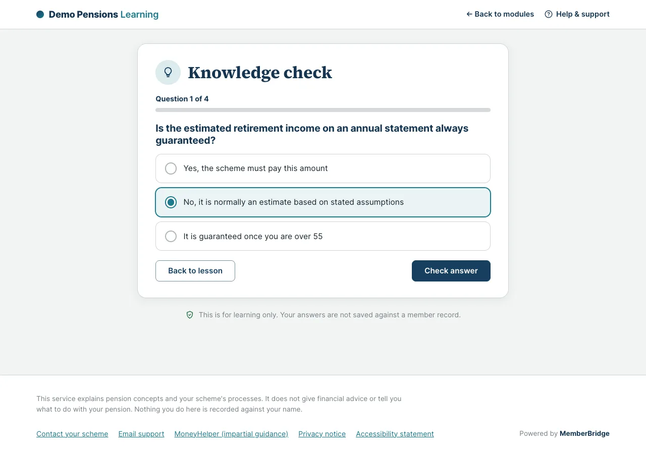 A knowledge check: a scenario question with an approved explanation after each answer