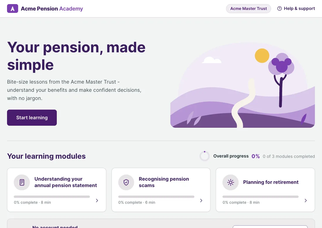 Acme Pension Academy - purple branding with sans-serif headings