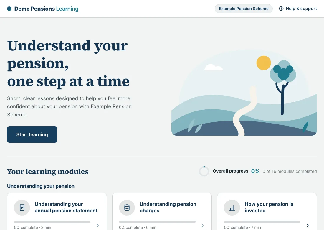 Demo Pensions Learning - teal branding with serif headings